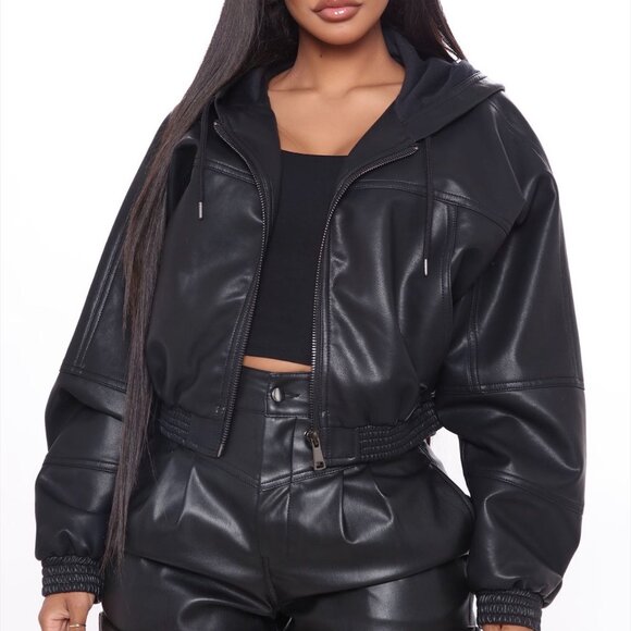 Fashion Nova Hooded Faux Leather Jacket M - Picture 1 of 8